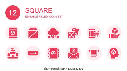 square icon set. Collection of 12 filled square icons included Cube, Box, Data sharing, Dice, Film strip, Fountain, Exit, Address book, Letter, Towel