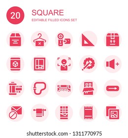 square icon set. Collection of 20 filled square icons included Box, Towel, Camcorder, Set square, Cube, Mondrian, Focus, Crank arm, Volume, Film strip, Circuit, Bus, Chocolate