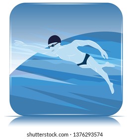 Square icon - Swimmer on abstract background - vector. Sports lifestyle. Pool. Character for water sports.