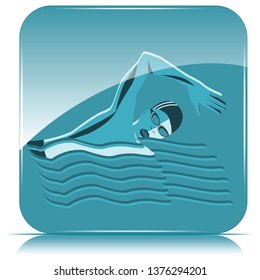 Square icon - Swimmer on blue background, abstract waves - vector. Sports lifestyle. Pool. Character for water sports.