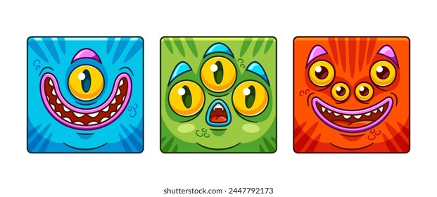 Square Icons Or Avatars Of Cartoon Monster Face Character A With Big, Googly Eyes, Sharp Teeth, And Wild, Colorful Fur