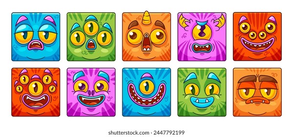 Square Icons Or Avatars Of Monster Faces Feature Cartoon Characters With Expressive Features, With Vivid Colors