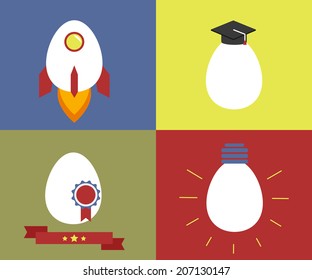 Square icons with egg as rocket, knowledge, rewarding and lamp