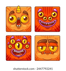 Square Icons, Emojis Or Avatars Of Cartoon Monster Face Character With Bulging Multiple Eyes, Sharp Teeth, Horns