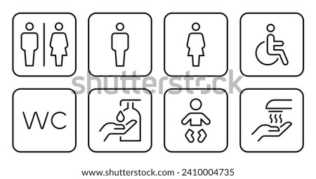 Square icons male female disabled restroom, parenting room. Illustration of toilet men women disabled, mother and child. Editable stroke