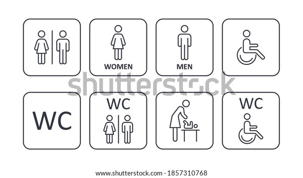 Square icons male female disabled restroom,\
parenting room. Illustration of toilet men women disabled, mother\
and child. Editable\
stroke