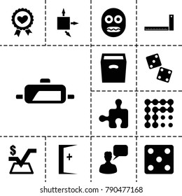 Square icons. set of 13 editable filled square icons such as dice, chatting man, mathematical square, dice, heart ribbon, box, pan, aid post, ruler, arrow, puzzle