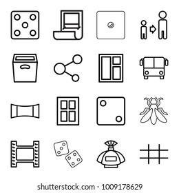 Square icons. set of 16 editable outline square icons such as airport bus, window, perfume, dice, son and father, movie tape, share, box, panorama mode, grid, fly, plan