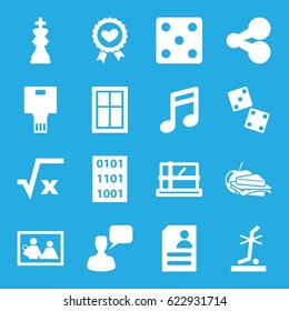 Square icons set. set of 16 square filled icons such as parcel, window, Dice, chatting man, sandwich and apple, resume, no standing nearby, heart ribbon, camera, chess king