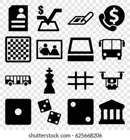 Square icons set. set of 16 square filled icons such as airport bus, plan, Dice, resume, grid, court building, chess king, medical drone, dice, chess board, bank support