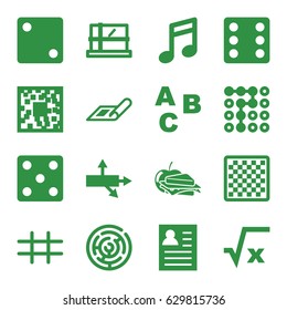 Square icons set. set of 16 square filled icons such as plan, parcel, dice, sandwich and apple, grid, labyrinth, chess board, abc, square root, arrow, note, resume