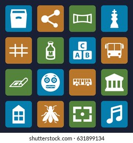 Square icons set. set of 16 square filled icons such as fly, airport bus, plan, window, abc cube, shocked emoji, milk, share, box, panorama mode, grid, court building