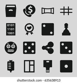 Square icons set. set of 16 square filled icons such as dice, window, shocked emoji, drop counter, heart ribbon, box, panorama mode, grid, camera, binary code, pawn, share