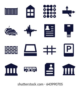 Square icons set. set of 16 square filled icons such as airport bus, court, window, sandwich and apple, resume, cargo box, music equalizer, grid, court building