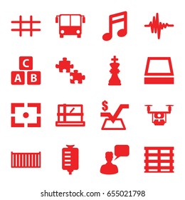 Square icons set. set of 16 square filled icons such as airport bus, parcel, abc cube, chatting man, drop counter, cargo box, music equalizer, grid, chess king, center focus