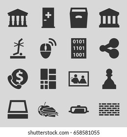 Square icons set. set of 16 square filled icons such as pan, aid post, court, sandwich and apple, no standing nearby, box, grid, court building, square plant pot