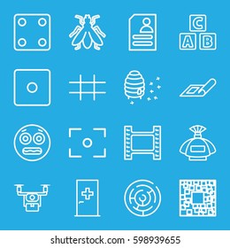 square icons set. Set of 16 square outline icons such as aid post, fly, plan, ABC cube, perfume, Dice, honeycomb, resume, grid, center focus, shocked emoji, qr code, labyrinth