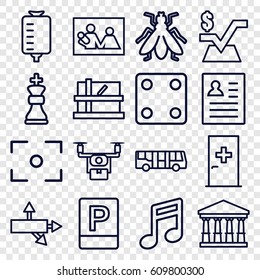 Square icons set. set of 16 square outline icons such as airport bus, aid post, fly, court, parcel, Dice, mathematical square, drop counter, parking, center focus, chess king