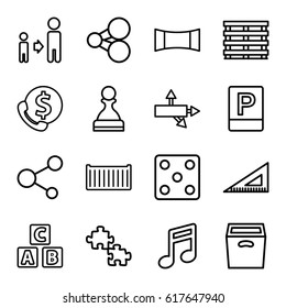 Square icons set. set of 16 square outline icons such as ABC cube, Dice, son and father, ruler, cargo box, share, box, panorama mode, parking, arrow, note, pawn, bank support