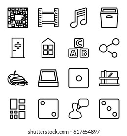 Square icons set. set of 16 square outline icons such as aid post, parcel, window, ABC cube, Dice, chatting man, sandwich and apple, share, box, grid, square plant pot