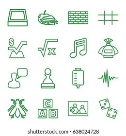 Square icons set. set of 16 square outline icons such as fly, abc cube, perfume, chatting man, sandwich and apple, drop counter, music equalizer, grid, note, pawn