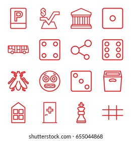 Square icons set. set of 16 square outline icons such as airport bus, aid post, fly, window, dice, mathematical square, share, box, grid, court building, parking, chess king