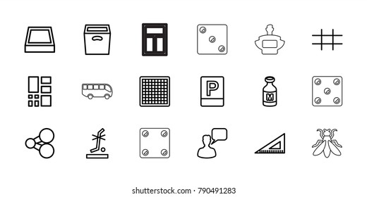 Square icons. set of 18 editable outline square icons: chatting man, ruler, share, chess board, milk, no standing nearby, box, grid, square plant pot, parking, airport bus