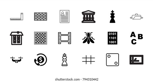 Square icons. set of 18 editable filled and outline square icons: abc, chess king, binary code, dice, movie tape, brick wall, grid, fly, pan, court, parcel, window, ruler