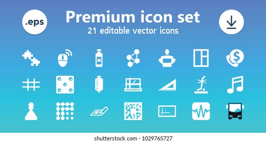 Square icons. set of 21 editable filled square icons includes plan, parcel, window, ruler, qr code, puzzle, bank support, no standing nearby, grid, pawn, computer mouse