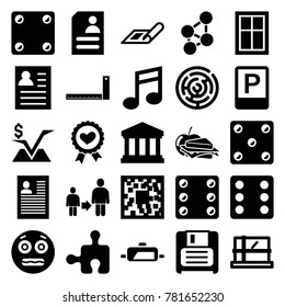 Square icons. set of 25 editable filled square icons such as plan, parcel, window, dice, resume, qr code, shocked emoji, sandwich and apple, labyrinth, heart ribbon, diskette