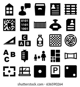 Square icons set. set of 25 square filled icons such as parcel, window, abc cube, perfume, dice, chatting man, son and father, ruler, resume, drop counter, milk, cargo box