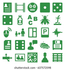 Square icons set. set of 25 square filled icons such as fly, dice, window, chatting man, son and father, shocked emoji, sandwich and apple, resume, milk, cargo box