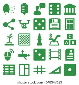 Square icons set. set of 25 square filled icons such as window, abc cube, dice, chatting man, mathematical square, ruler, honeycomb, resume, drop counter, cargo box