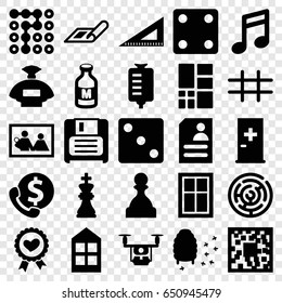 Square icons set. set of 25 square filled icons such as aid post, plan, window, perfume, dice, ruler, honeycomb, resume, drop counter, milk, heart ribbon, diskette, grid