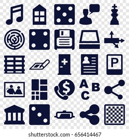 Square icons set. set of 25 square filled icons such as pan, aid post, plan, window, dice, chatting man, cargo box, share, diskette, grid, court building, square plant pot