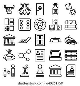 Square icons set. set of 25 square outline icons such as aid post, fly, pan, plan, court, parcel, window, abc cube, perfume, dice, son and father, sandwich and apple, resume