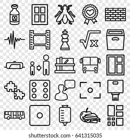 Square icons set. set of 25 square outline icons such as airport bus, fly, pan, parcel, window, dice, chatting man, son and father, sandwich and apple, drop counter, milk