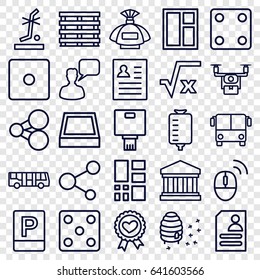 Square icons set. set of 25 square outline icons such as airport bus, perfume, dice, window, chatting man, honeycomb, resume, drop counter, cargo box, no standing nearby