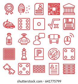 Square icons set. set of 25 square outline icons such as airport bus, perfume, dice, chatting man, sandwich and apple, honeycomb, resume, milk, cargo box, heart ribbon