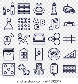 Square icons set. set of 25 square outline icons such as aid post, pan, window, abc cube, perfume, dice, son and father, ruler, sandwich and apple, drop counter, cargo box