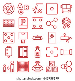 Square icons set. set of 25 square outline icons such as airport bus, aid post, pan, abc cube, perfume, dice, window, son and father, drop counter, milk, heart ribbon, share