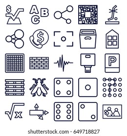 Square icons set. set of 25 square outline icons such as fly, window, dice, cargo box, no standing nearby, share, box, music equalizer, parking, camera, center focus, qr code