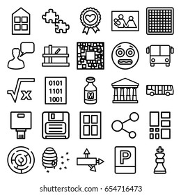 Square icons set. set of 25 square outline icons such as airport bus, court, parcel, window, chatting man, honeycomb, milk, heart ribbon, share, diskette, grid, parking