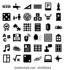 Square icons set. set of 36 square filled icons such as pan, airport bus, aid post, plan, window, abc cube, dice, chatting man, son and father, ruler, sandwich and apple