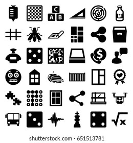 Square icons set. set of 36 square filled icons such as fly, airport bus, plan, parcel, window, abc cube, perfume, dice, chatting man, ruler, shocked emoji, sandwich and apple