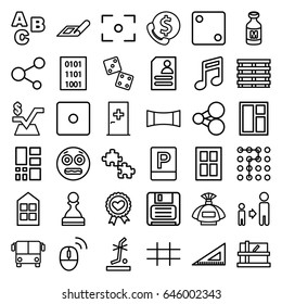 Square icons set. set of 36 square outline icons such as airport bus, aid post, plan, parcel, window, perfume, dice, son and father, mathematical square, ruler, resume, milk