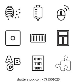 Square icons. set of 9 editable outline square icons such as dice, abc, honeycomb, drop counter, cargo box, computer mouse, binary code, window