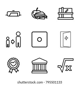 Square icons. set of 9 editable outline square icons such as pan, parcel, dice, son and father, square root, sandwich and apple, heart ribbon, court building