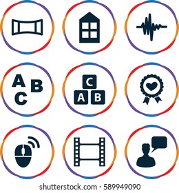 square icons set. Set of 9 square filled icons such as window, ABC cube, chatting man, heart ribbon, music equalizer, panorama mode, computer mouse, movie tape