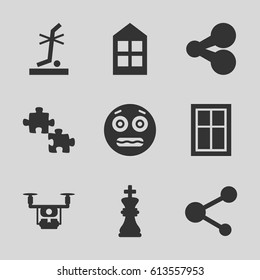 Square icons set. set of 9 square filled icons such as window, shocked emoji, no standing nearby, share, chess king, medical drone